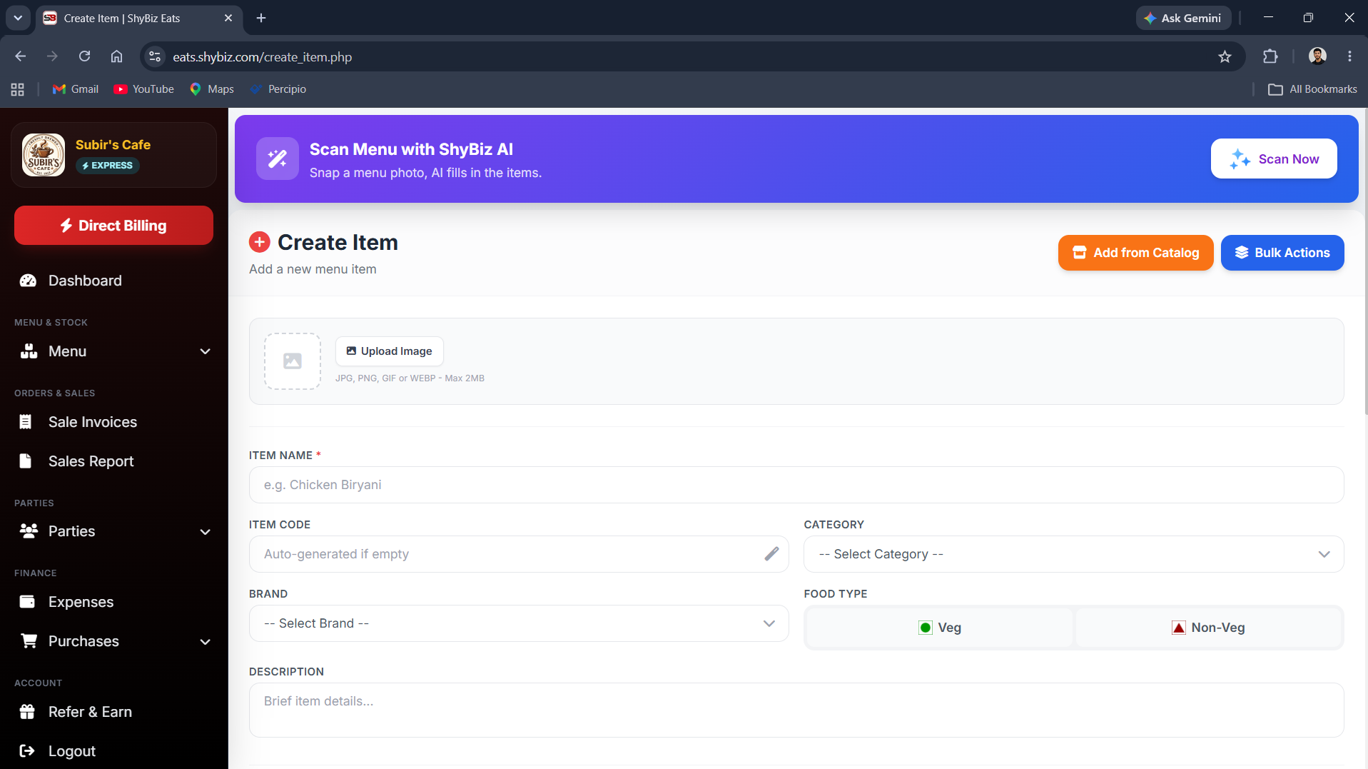 ShyBiz AI Menu Scanner banner on the Create Item page