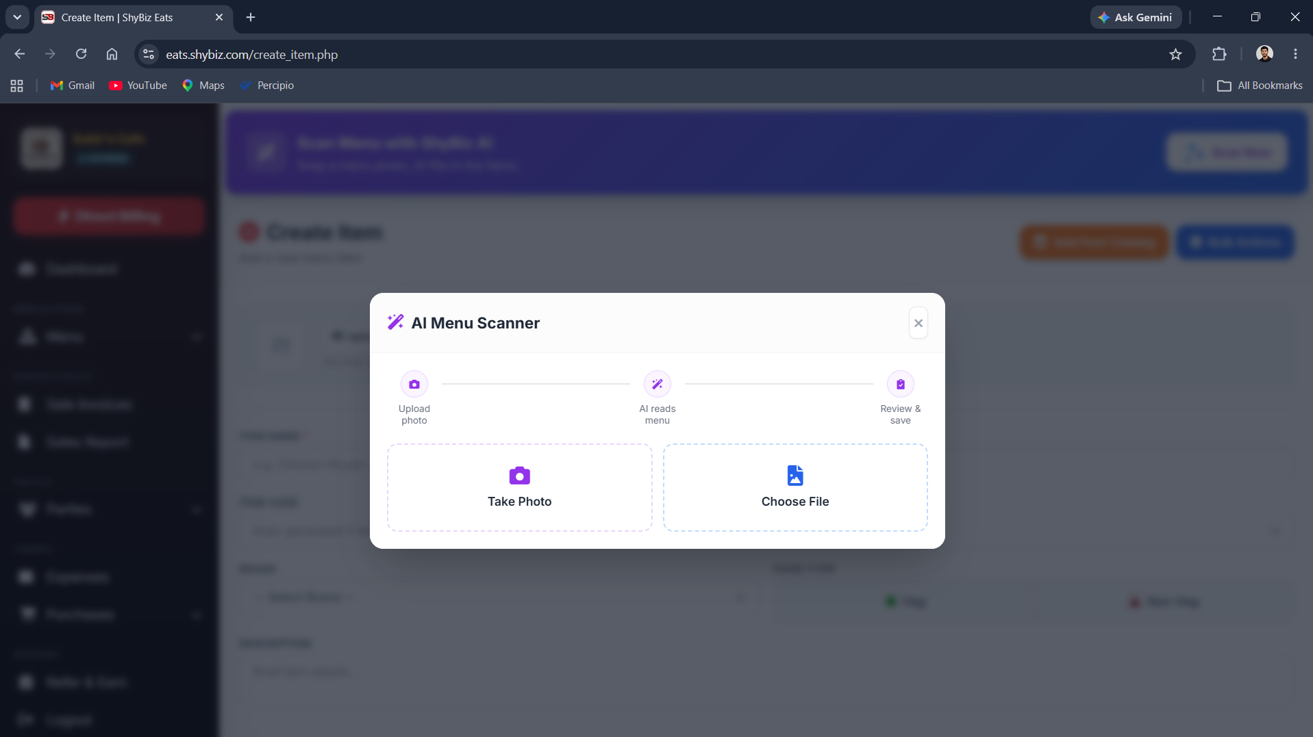 AI Menu Scanner modal showing Take Photo and Choose File options