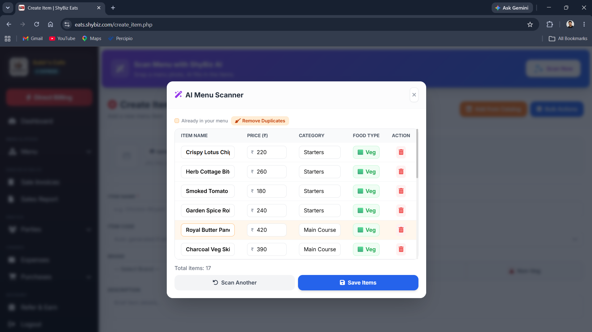 AI Menu Scanner results table with editable item name, price, category and food type