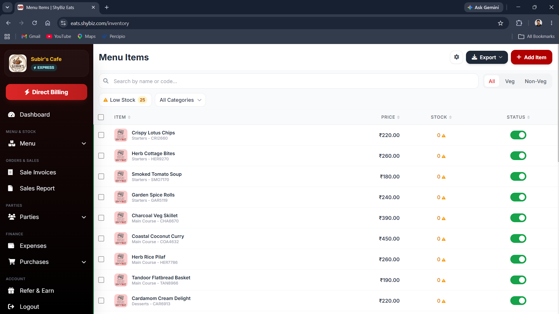 Scanned menu items now live in the ShyBiz item list