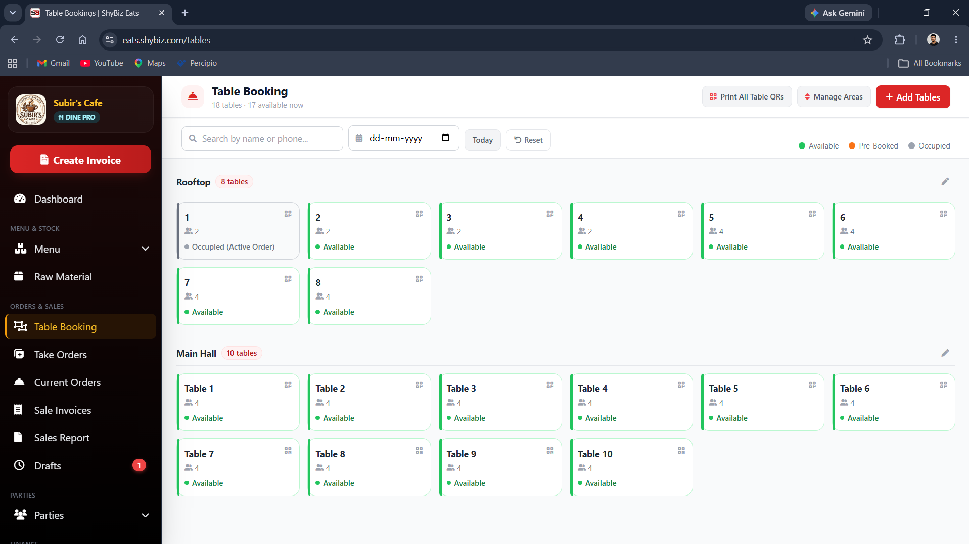 ShyBiz Manage Tables page showing the table grid with QR icon buttons