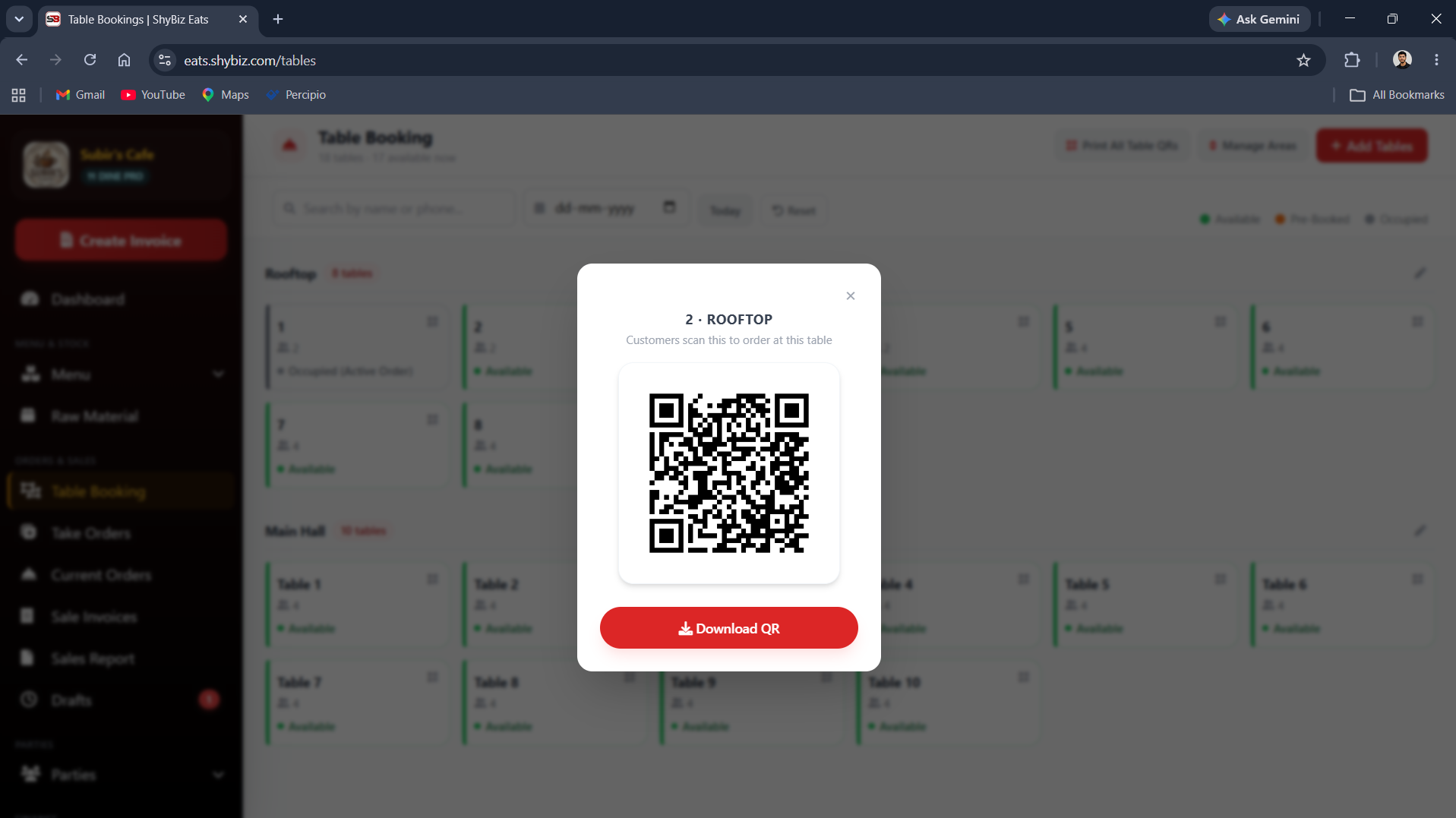 Table QR Code modal with Download QR button