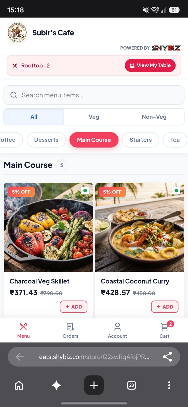 Customer-facing menu locked to a specific table, showing Ordering for area and table name